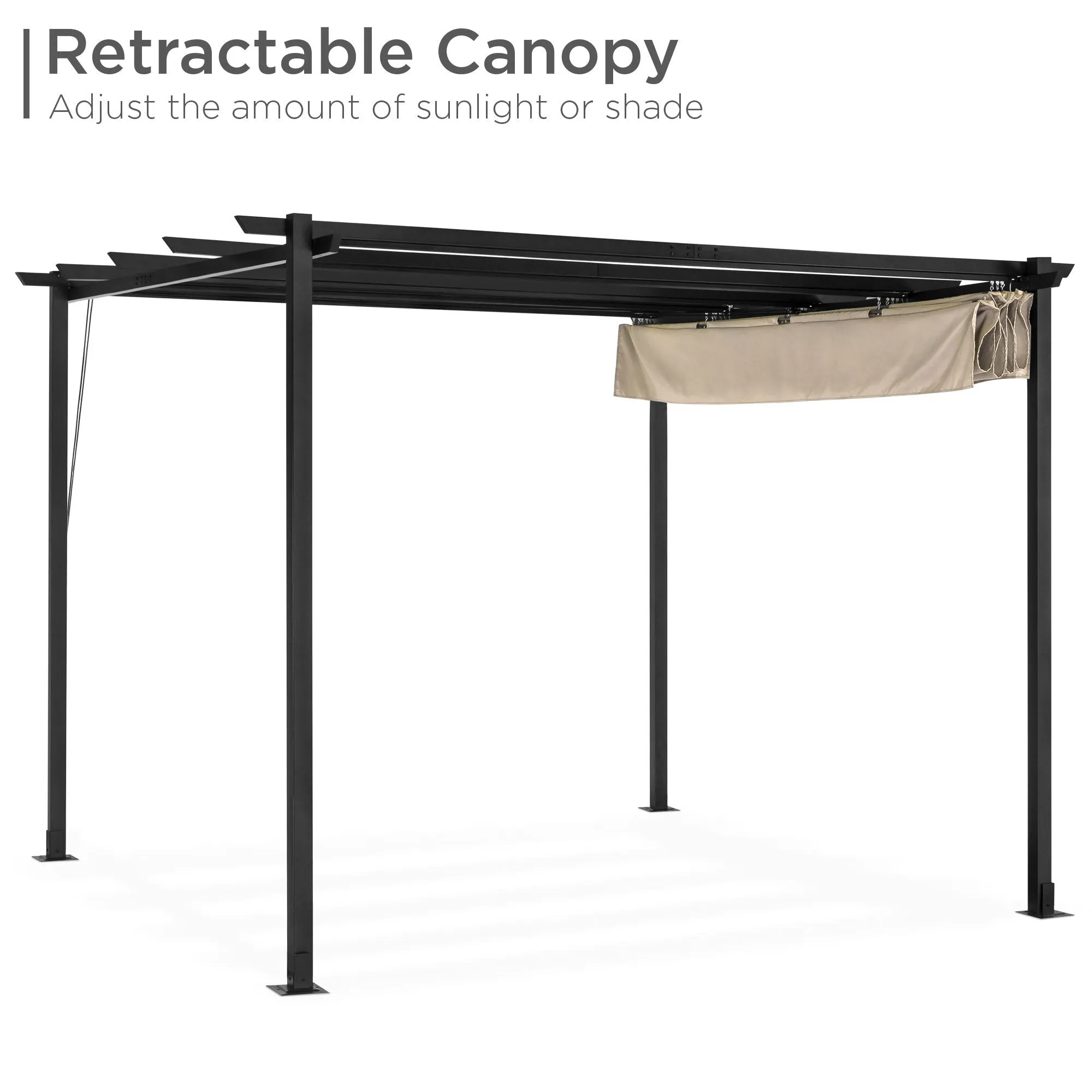 10x10ft Outdoor Pergola w/ Weather-Resistant Retractable Canopy, Steel Frame