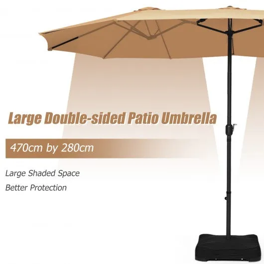 15 Foot Extra Large Patio Double Sided Umbrella with Crank and Base-Beige