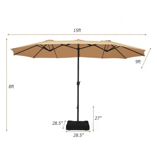 15 Foot Extra Large Patio Double Sided Umbrella with Crank and Base-Beige