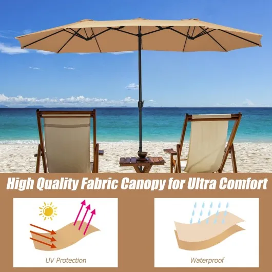 15 Foot Extra Large Patio Double Sided Umbrella with Crank and Base-Beige