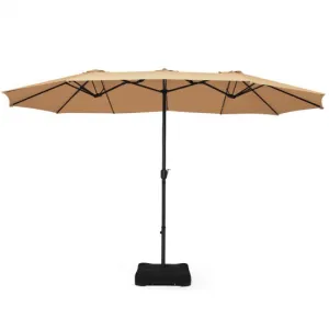 15 Foot Extra Large Patio Double Sided Umbrella with Crank and Base-Beige