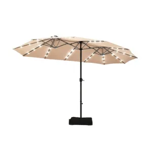 15 Ft Solar LED Patio Double-sided Umbrella Market Umbrella with Weight Base-Beige