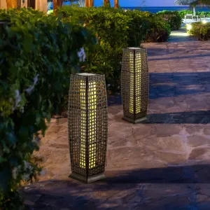 2 Pieces Solar-Powered Square Wicker Floor Lamps with Auto LED Light-Brown