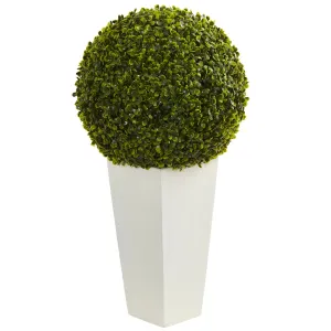 28" Artificial Boxwood Topiary Ball Plant in White Tower Planter (Indoor/Outdoor) - Low Maintenance, Life-Like & Vibrant Silk Plants For Busy People.