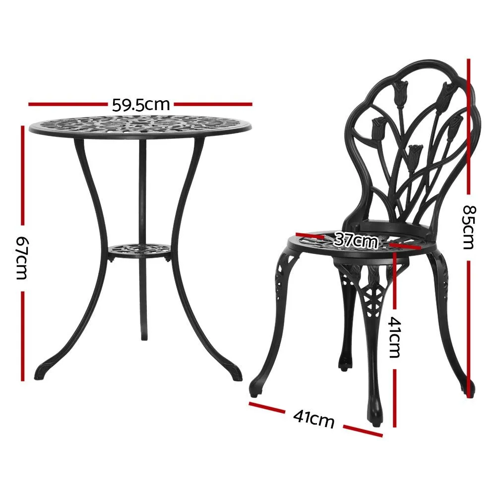 3PC Outdoor Setting Bistro Set Chairs Table Cast Aluminum Patio Furniture Tulip Black