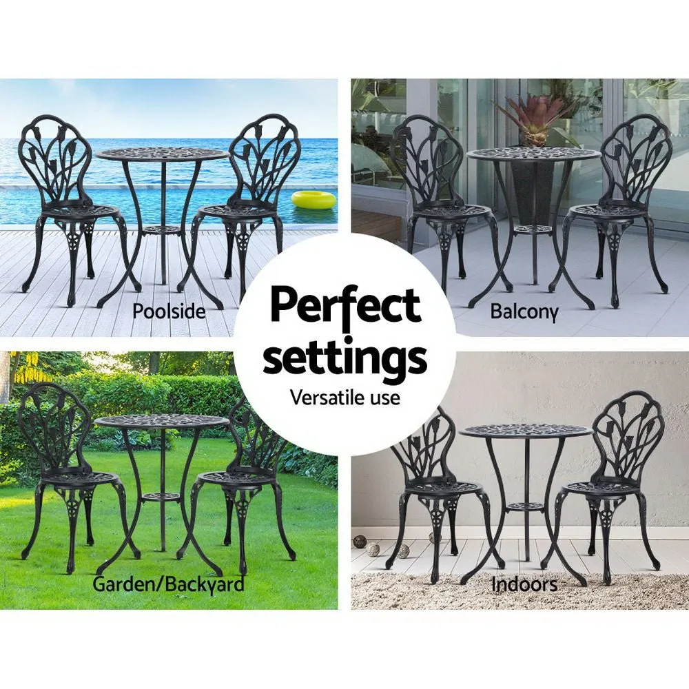 3PC Outdoor Setting Bistro Set Chairs Table Cast Aluminum Patio Furniture Tulip Black