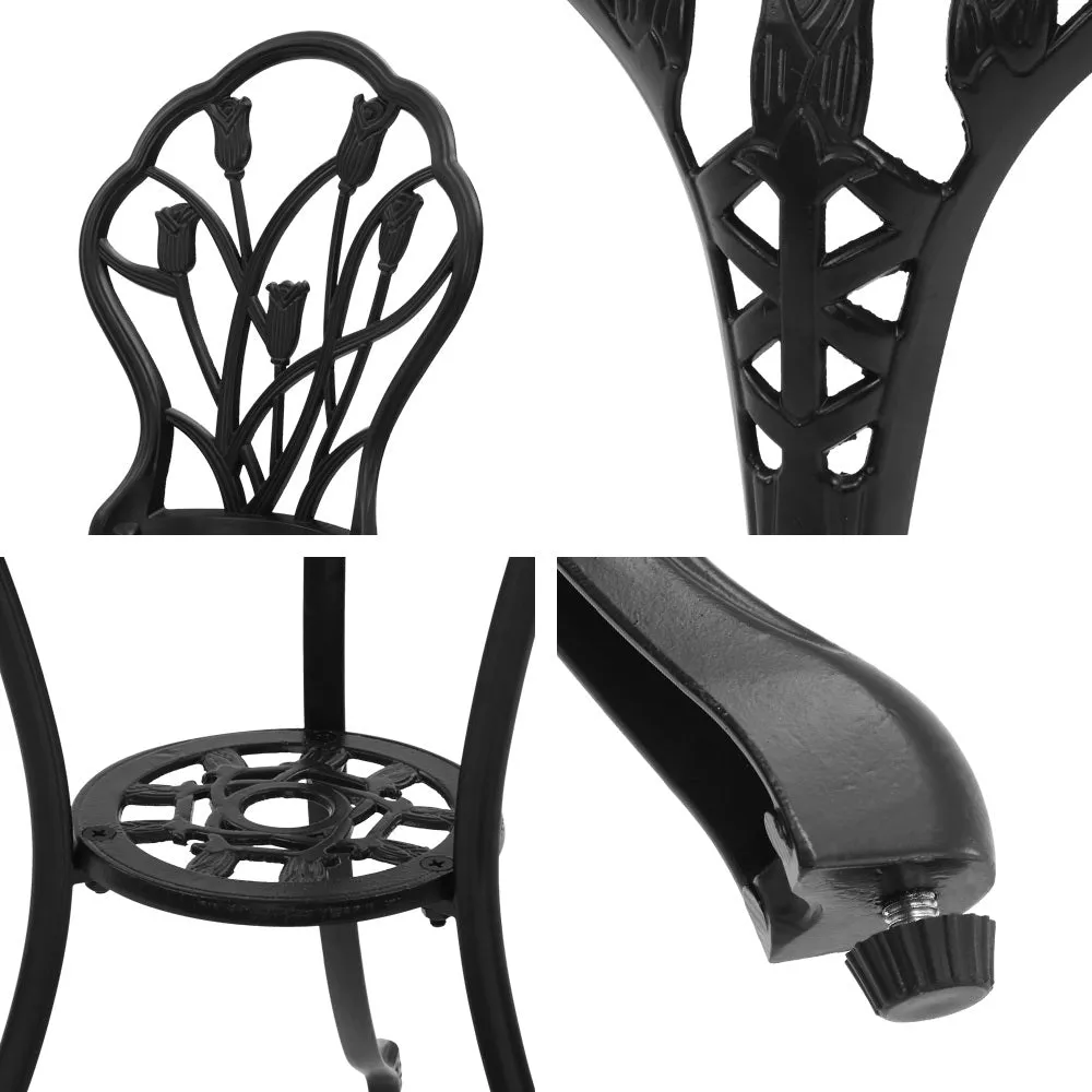 3PC Outdoor Setting Bistro Set Chairs Table Cast Aluminum Patio Furniture Tulip Black