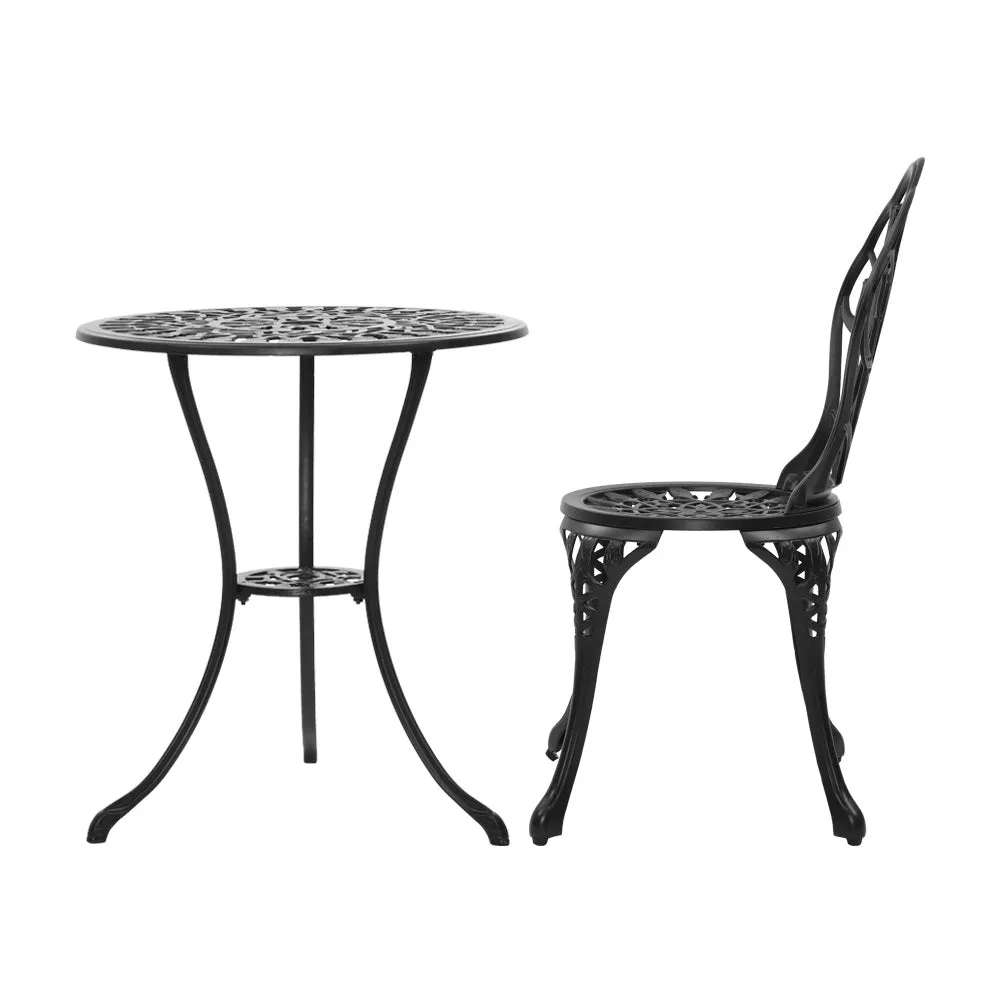 3PC Outdoor Setting Bistro Set Chairs Table Cast Aluminum Patio Furniture Tulip Black