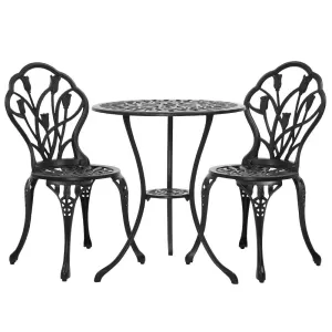 3PC Outdoor Setting Bistro Set Chairs Table Cast Aluminum Patio Furniture Tulip Black