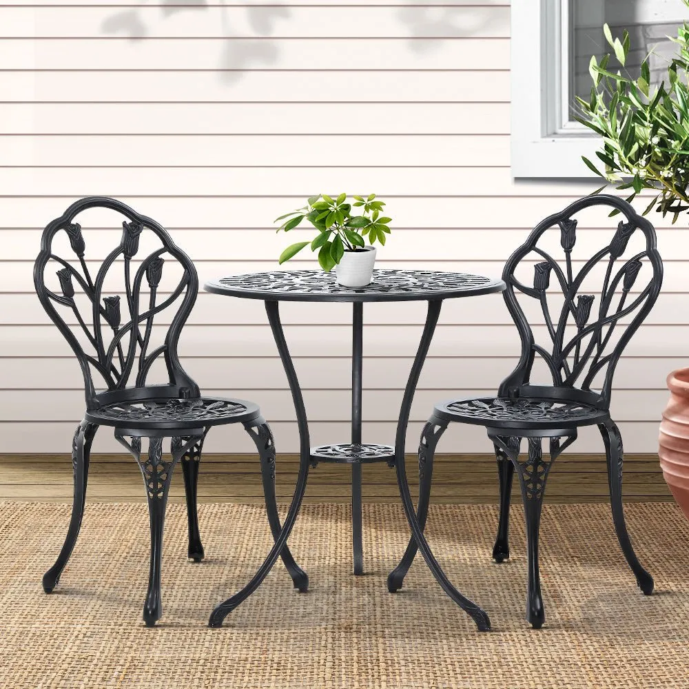 3PC Outdoor Setting Bistro Set Chairs Table Cast Aluminum Patio Furniture Tulip Black