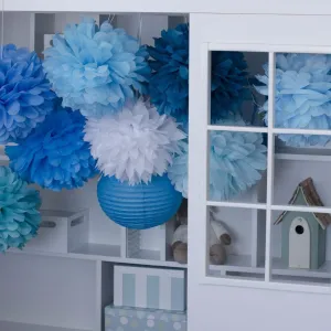 All blue tissue paper  pom poms party set