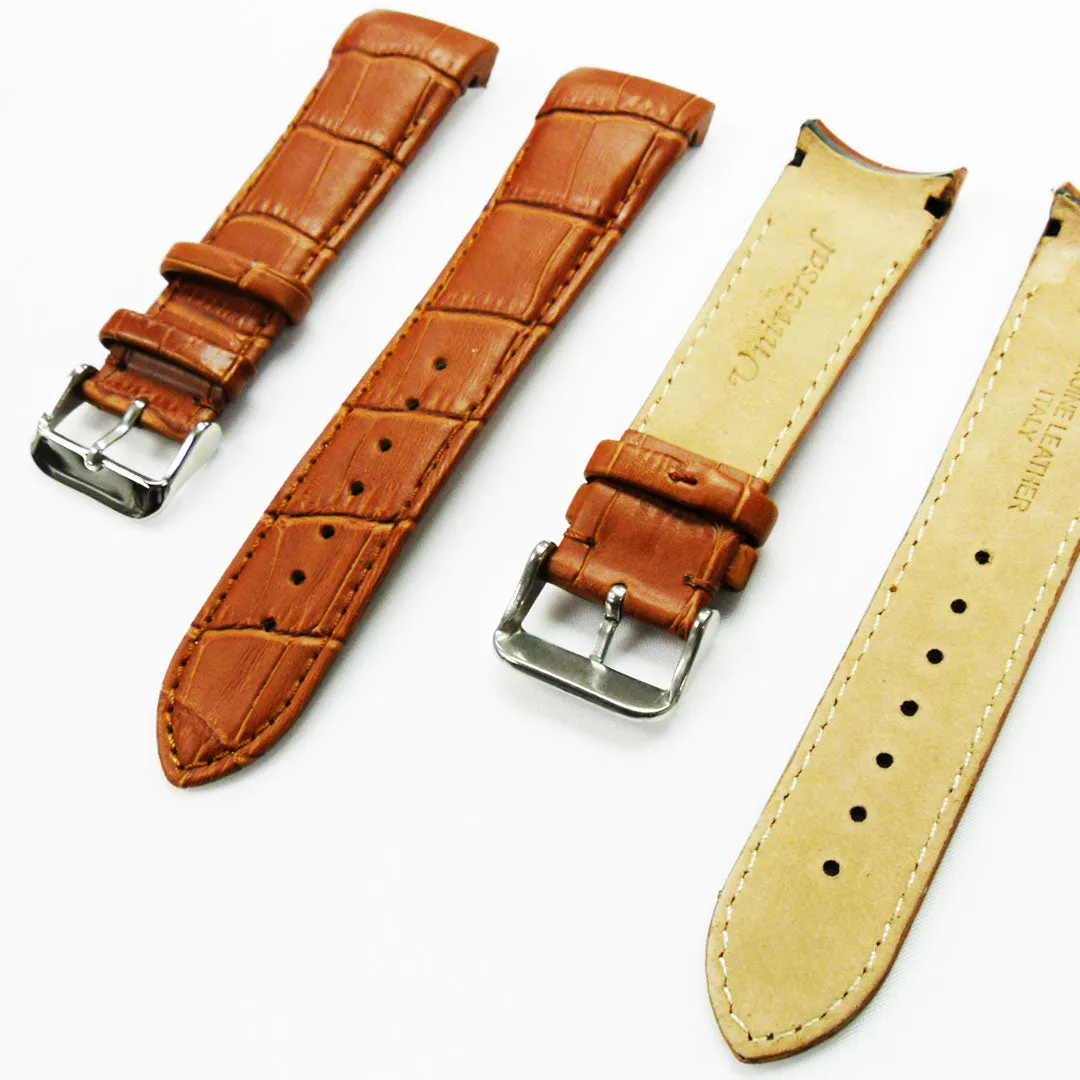 Alligator Curved Genuine Leather Watch Strap, 23MM, Brown Color, Padded, Brown Stitched, Regular Size, Silver Buckle, Watch Band Replacement