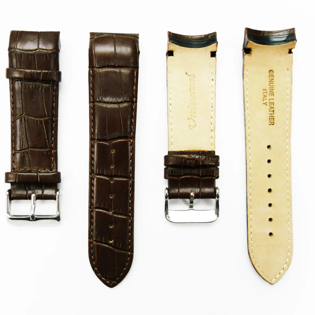 Alligator Curved Genuine Leather Watch Strap, 23MM, Brown Color, Padded, Brown Stitched, Regular Size, Silver Buckle, Watch Band Replacement