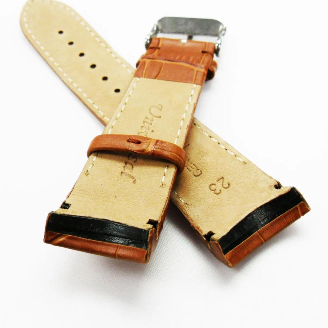 Alligator Curved Genuine Leather Watch Strap, 23MM, Brown Color, Padded, Brown Stitched, Regular Size, Silver Buckle, Watch Band Replacement