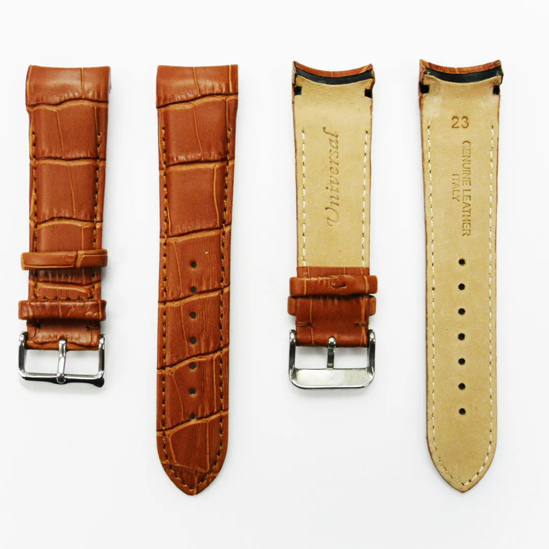 Alligator Curved Genuine Leather Watch Strap, 23MM, Brown Color, Padded, Brown Stitched, Regular Size, Silver Buckle, Watch Band Replacement