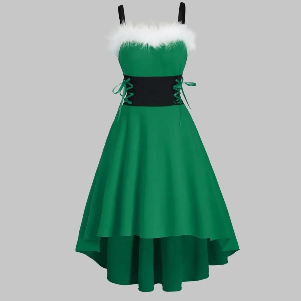 Amy Fashion - Christma Off Shoulder Contrast Color Patchwork High Low Dress