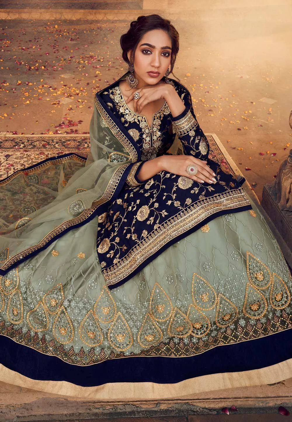 Blue Zari Embroidered Lehenga Style Suit