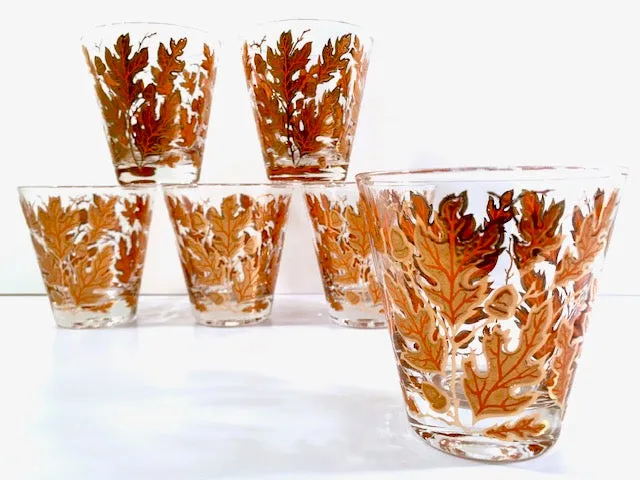 Culver Signed Mid-Century Autumn Leaves Double Old Fashion Glasses (Set of 6)