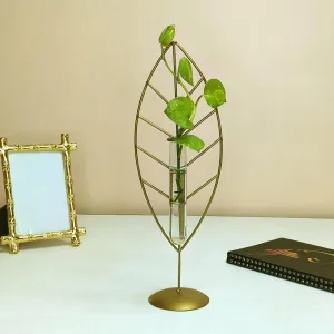 Deco Design Gallery Golden Metal Shape Plant Holder with Glass Test Tube | Living Room Home Decor | Hydroponic Planter for Table Decor (Leaf)