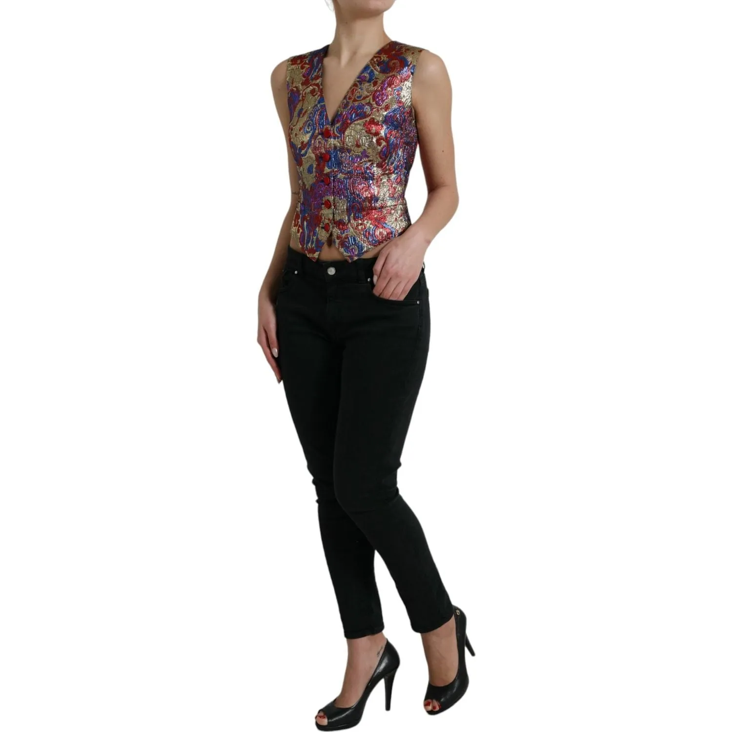 Dolce & Gabbana Multicolor Floral Print Jacquard Waistcoat Vest