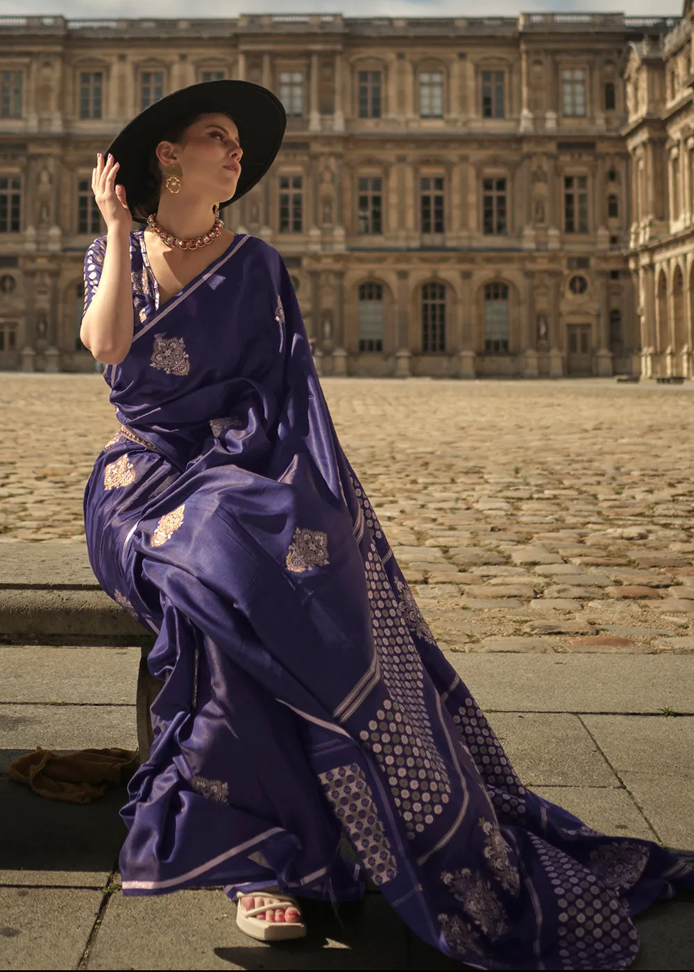 Elegant Blue Pure Satin Silk Designer Saree