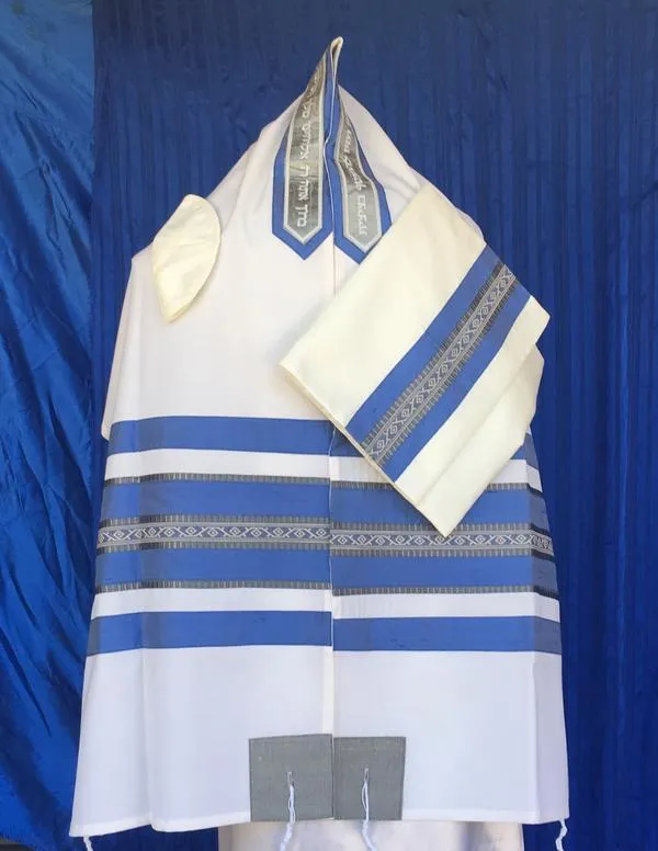 Elegant Light Blue and Gold pattern White Wool Tallit