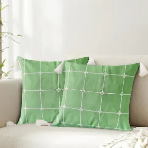 Embroidered Cotton Cushion Cover, for Sofa, Bedroom, Living Room - Set of 2 - Aura Checks Green