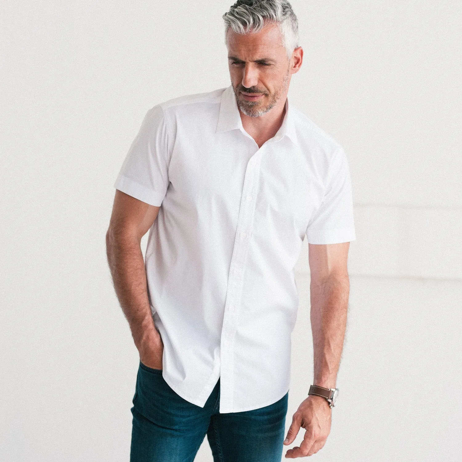 Essential Spread Collar Casual Short Sleeve Shirt - Pure White Stretch Cotton Poplin