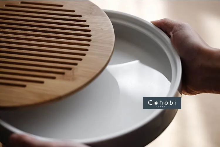 Gohobi Round Ceramic Bamboo Tea Tray