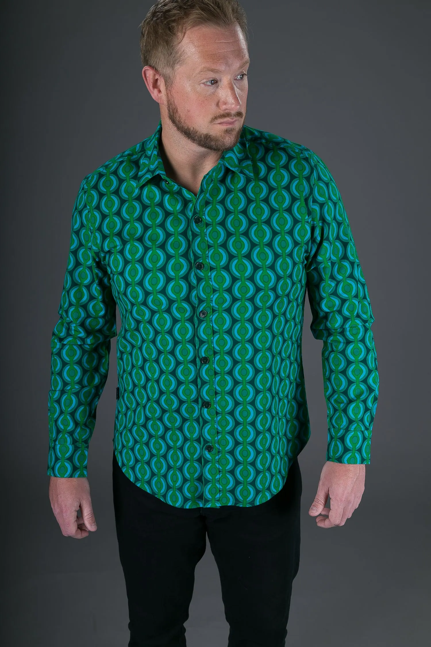 Green Geometric Print Cotton Slim and Regular Fit Mens Shirt Long Sleeve