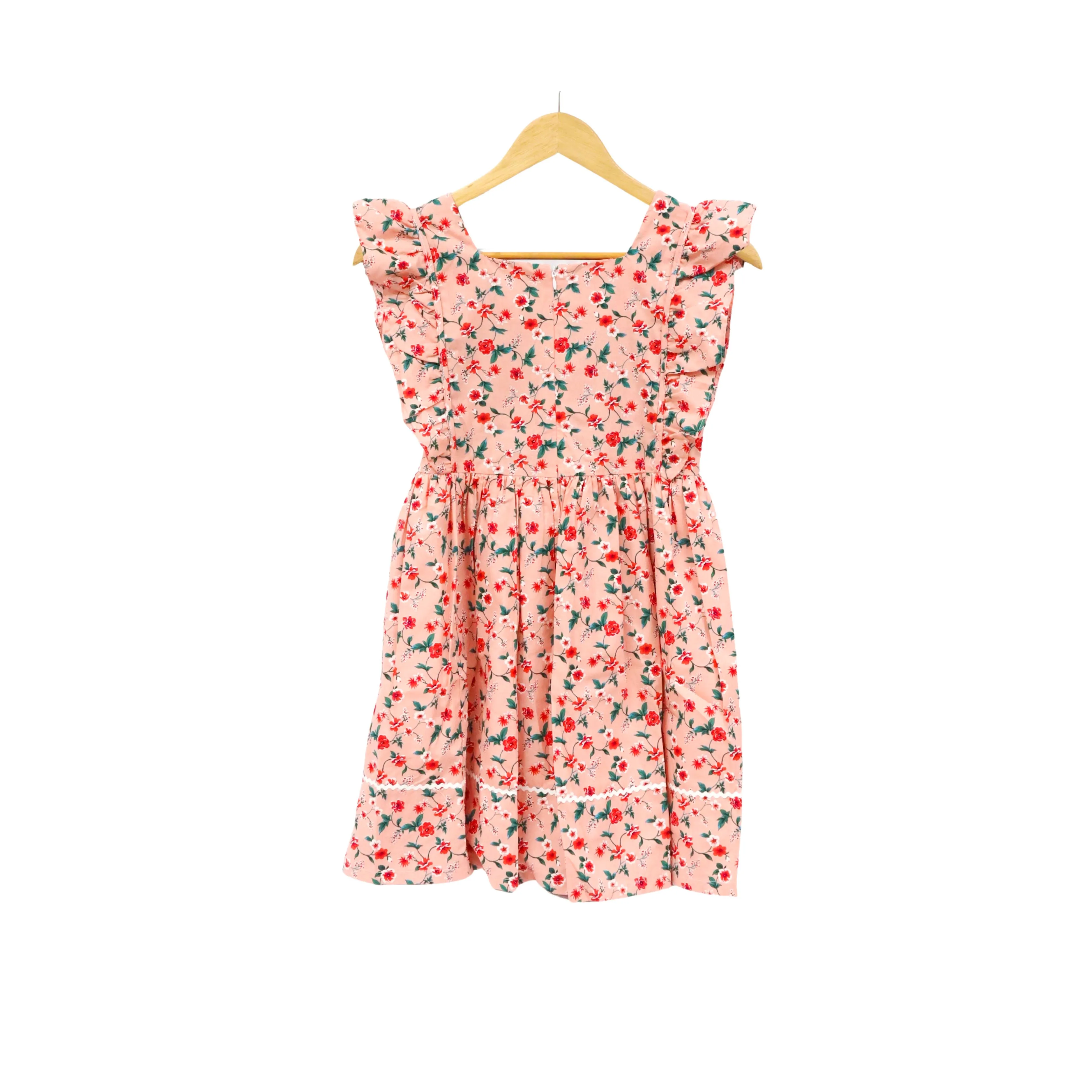 JKC Square Neck Ruffles Sleeves Dress with Floral Print - Peach