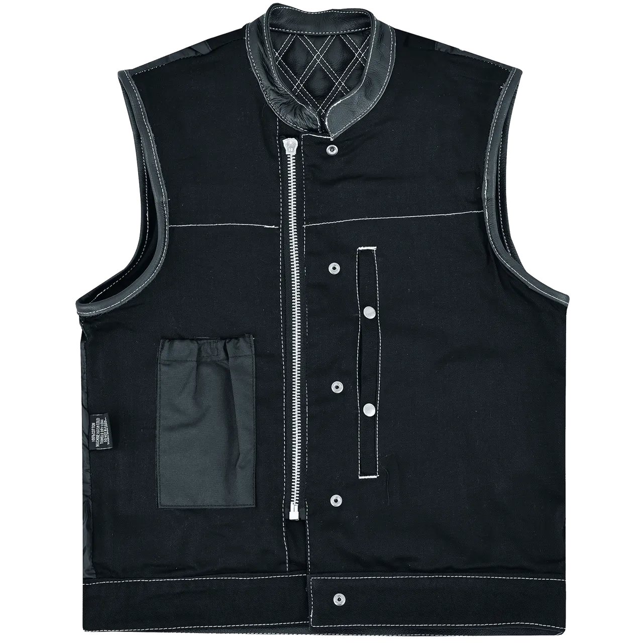 Men's Denim & Leather Motorcycle Vest with Conceal Carry Pockets and White Stitching