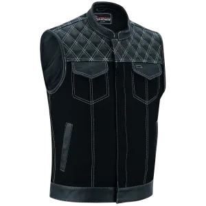 Men's Denim & Leather Motorcycle Vest with Conceal Carry Pockets and White Stitching