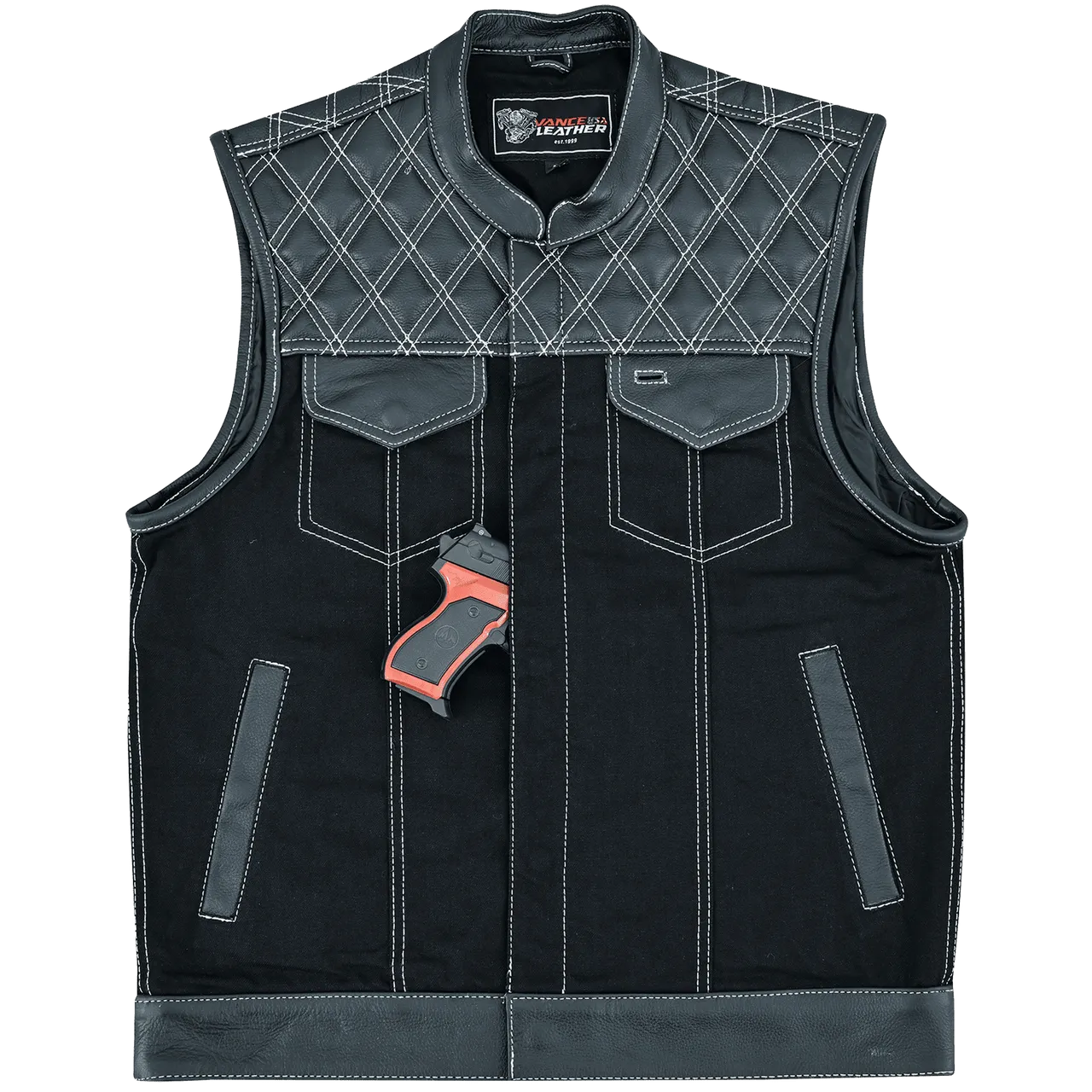 Men's Denim & Leather Motorcycle Vest with Conceal Carry Pockets and White Stitching