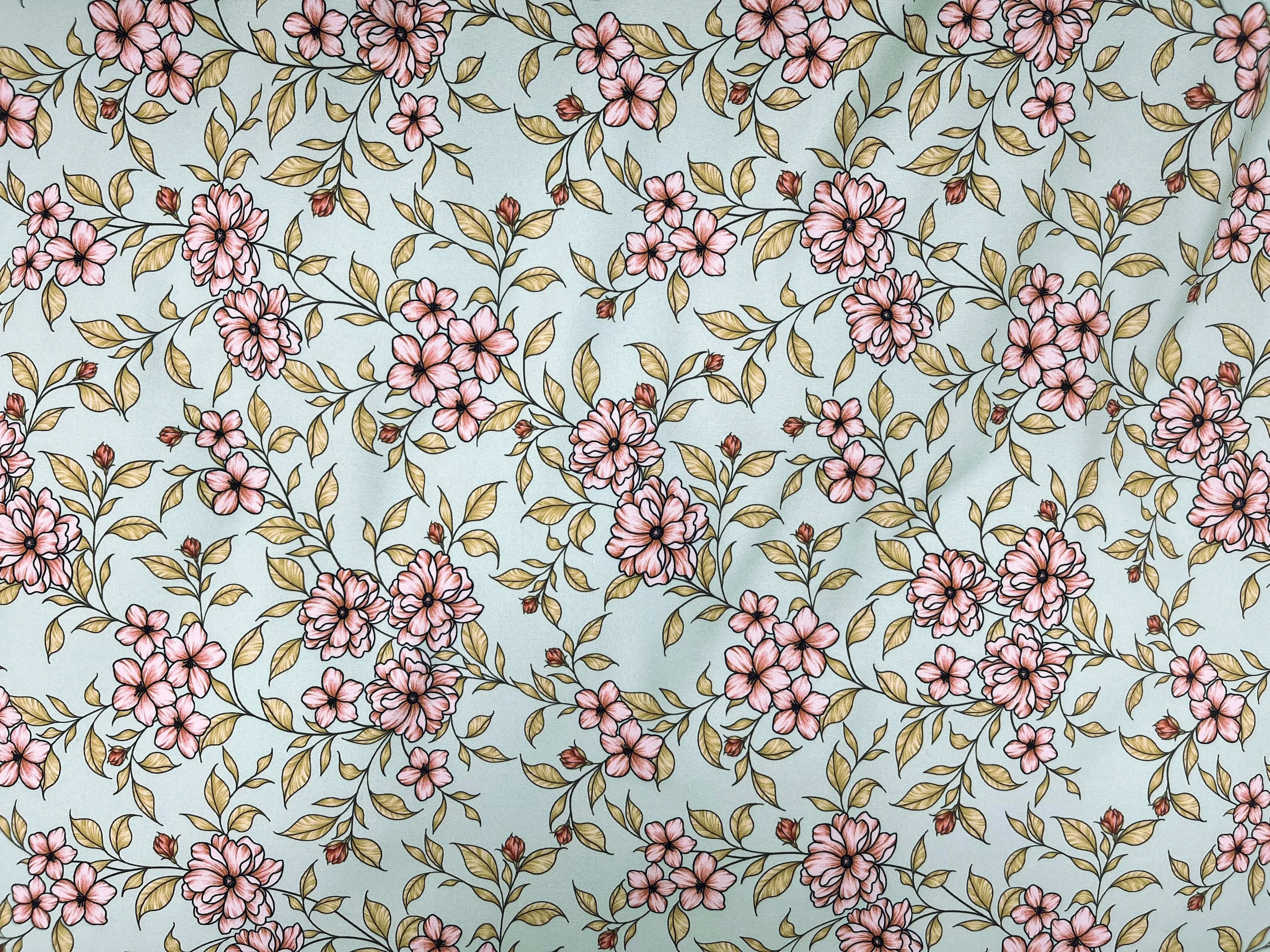 Mint Floral - Printed Peachskin Fabric