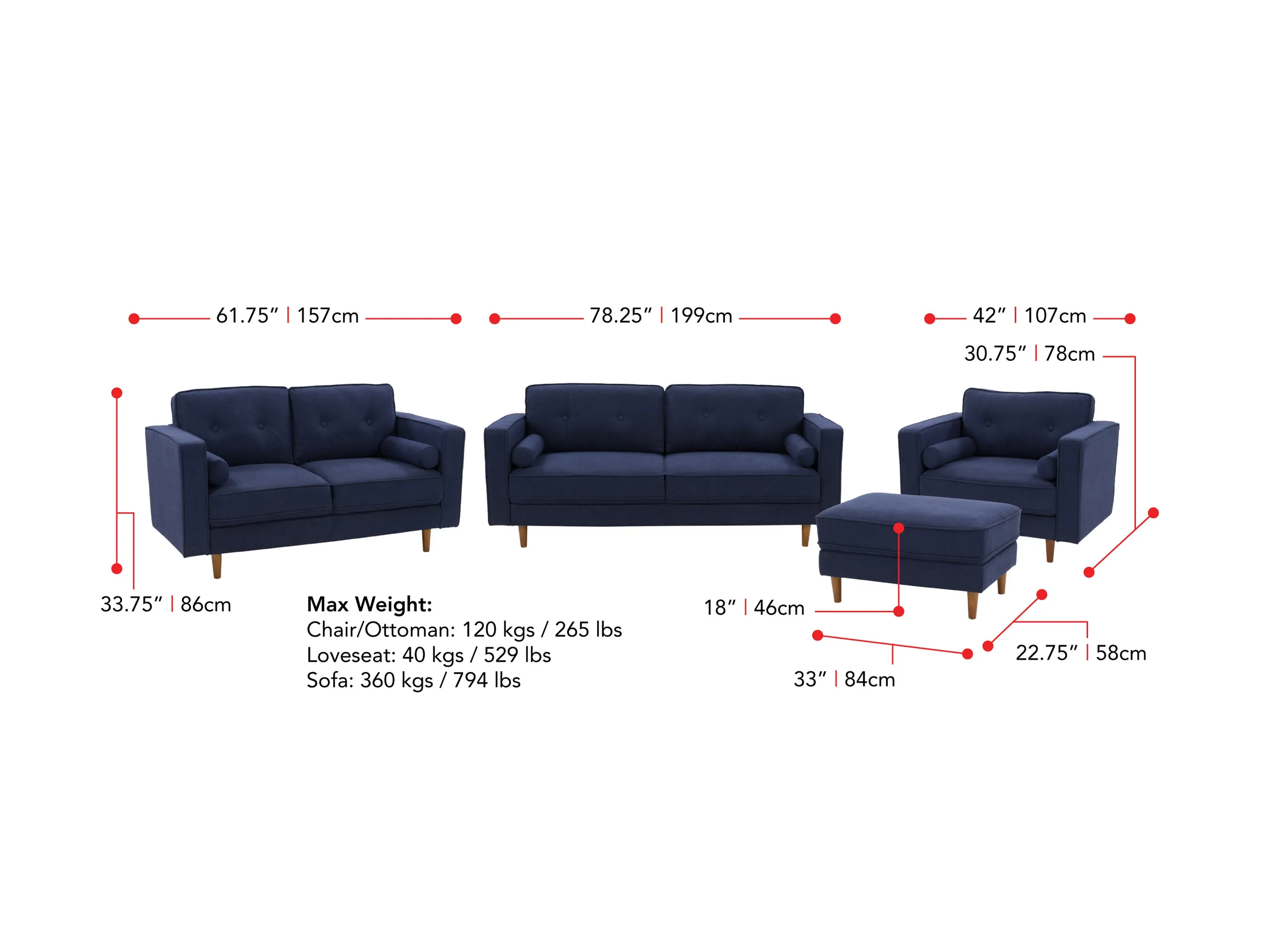 Navy Blue 4-Piece Living Room Sofa Set