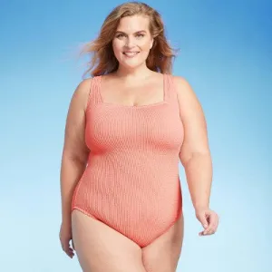 New - Women's Pucker Square Neck One Piece Swimsuit - Kona Sol Coral Pink 14