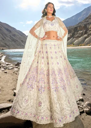 Off White Embroidered Pure Net Designer Bridal Lehenga Choli