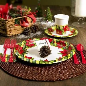 Poinsettia Wreath - 7" Paper Plates - 36 Count (Case Qty: 1296)