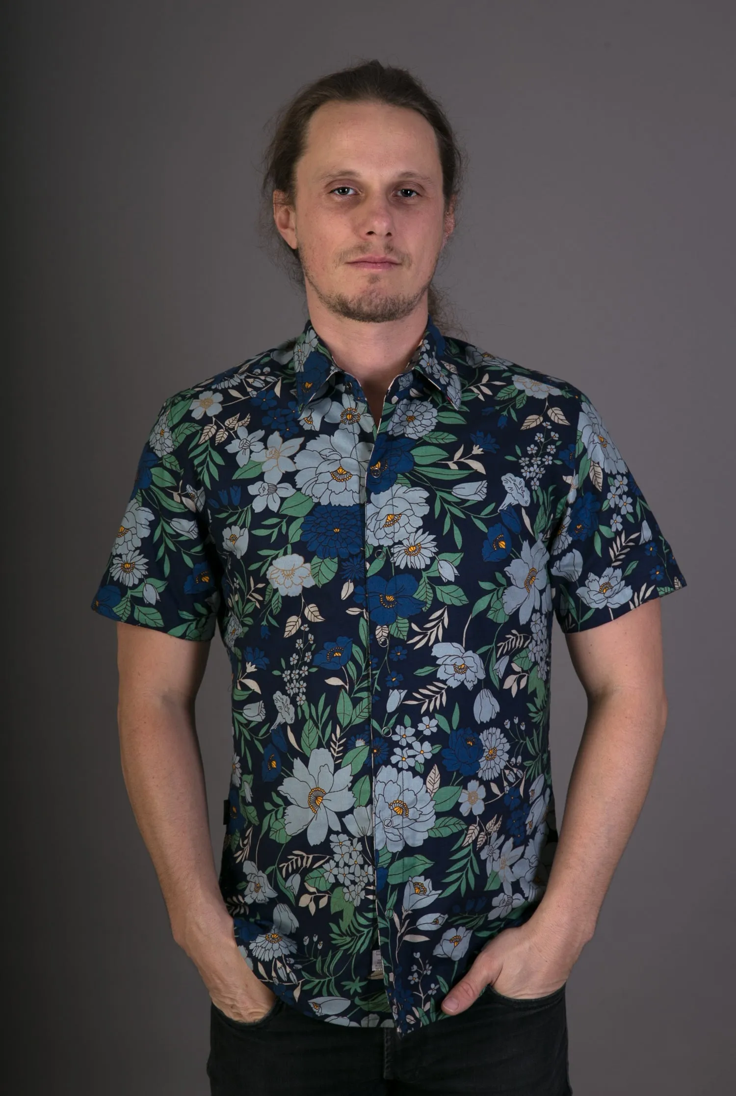 Reversible Blue Floral Grey Print Cotton Slim Fit Mens Shirt Short Sleeve