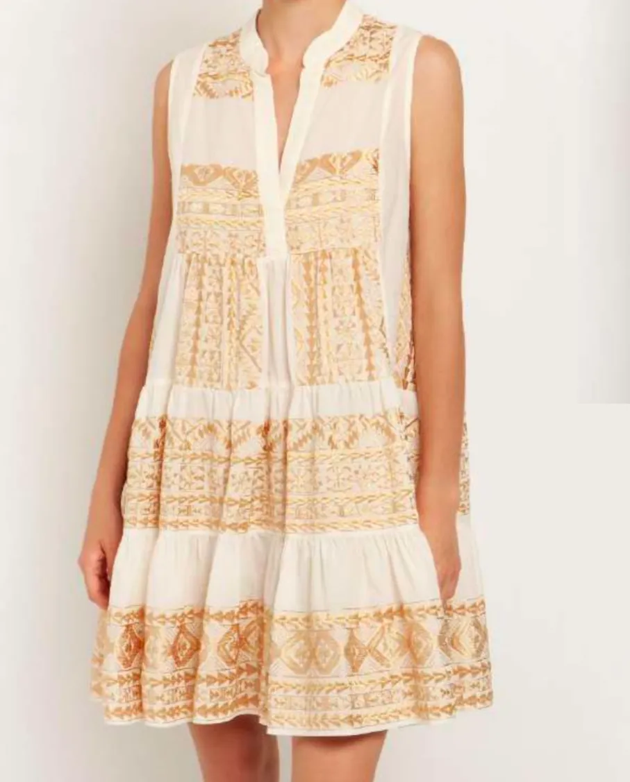 Sleeveless Linen Dress in White & Gold