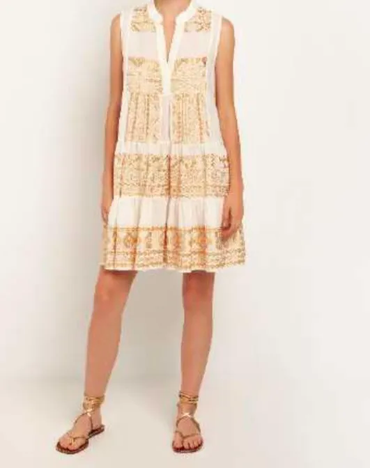 Sleeveless Linen Dress in White & Gold