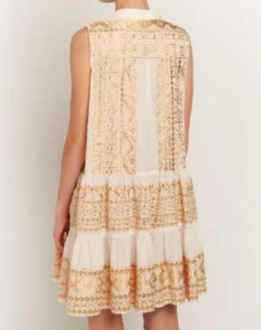 Sleeveless Linen Dress in White & Gold