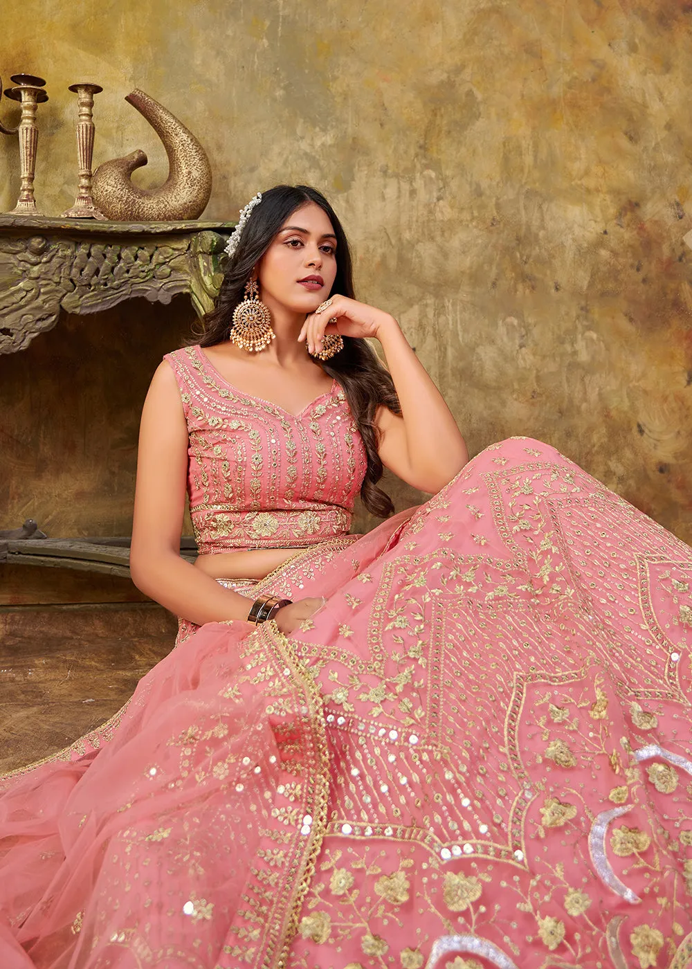 Soft Pink Premium Net Sequins Wedding Lehenga Choli