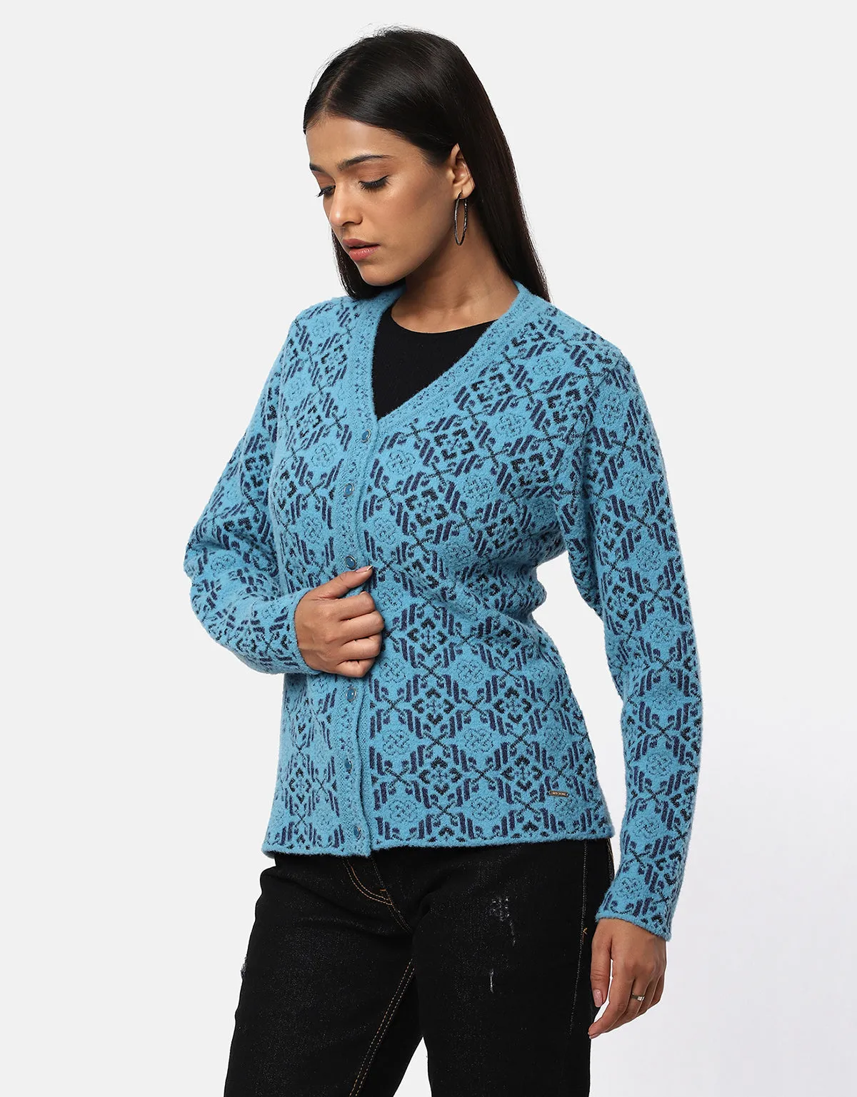 Women Woolen V-Neck Fancy Cardigan