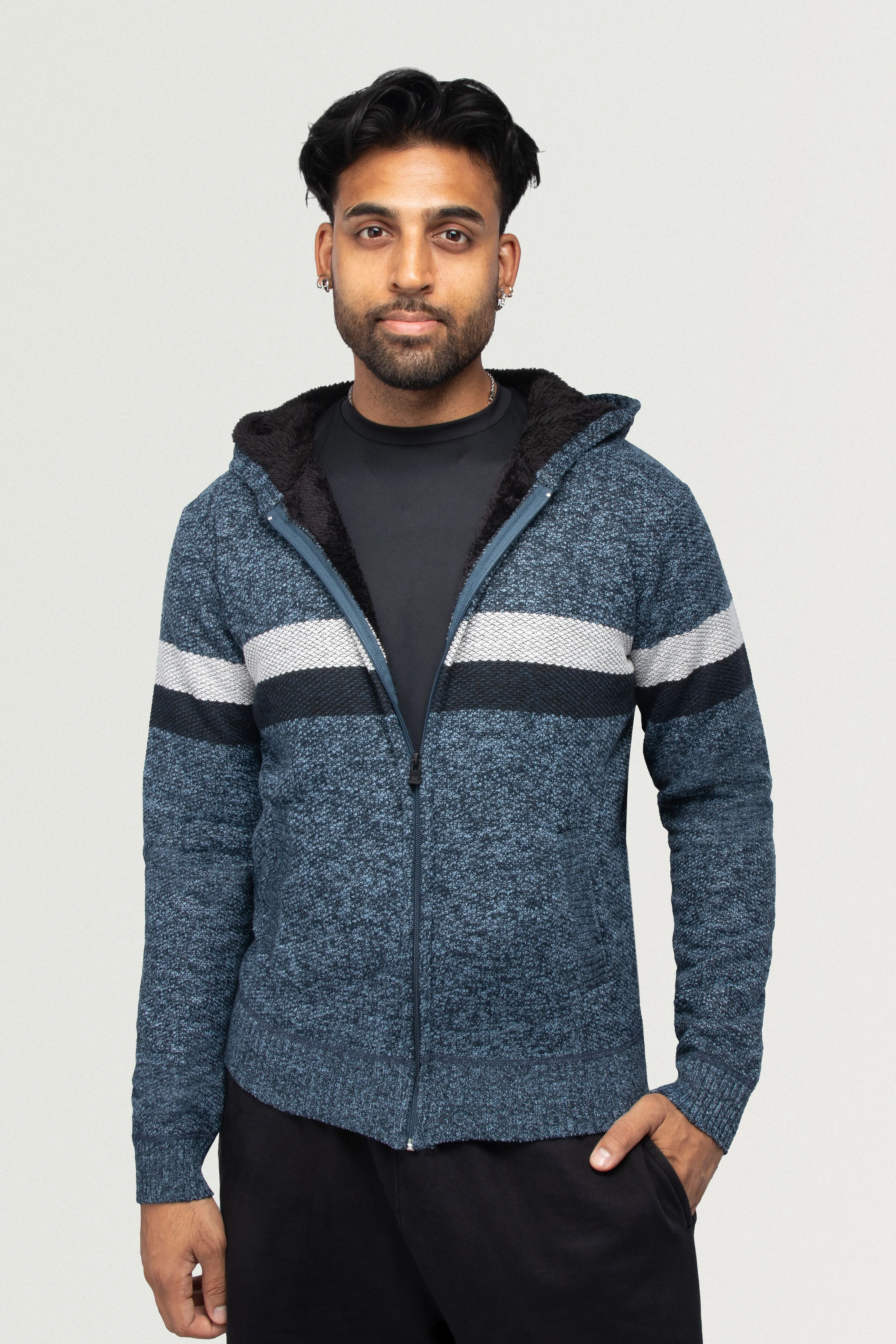 X RAY Men's Zip Up Hooded Sweater with Stripes & Lining